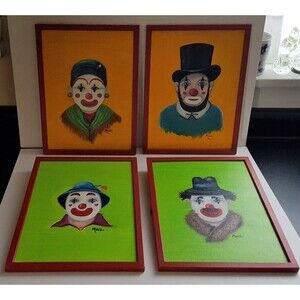 SIGNED MONDU Clown Paintings Acrylic  12" x 9" in Original Frames Names on backs